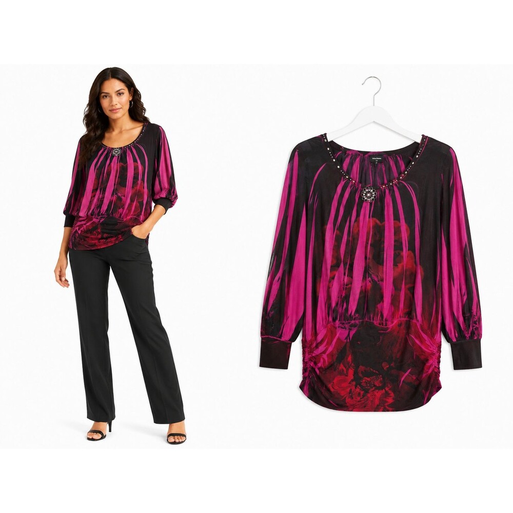 New New Direction Boho Tunic Top Size Small Fuschia Pink Black